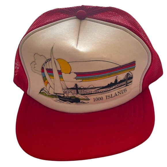 Vintage 80s 1000 Islands Foam Mesh Snap Back Trucker Hat Cap Red Rainbow Stripe - Picture 1 of 5